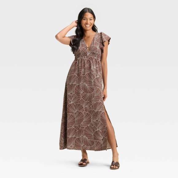Women's Flutter Short Sleeve Maxi A-Line Dress - A New Day Brown - Picture 2 of 3